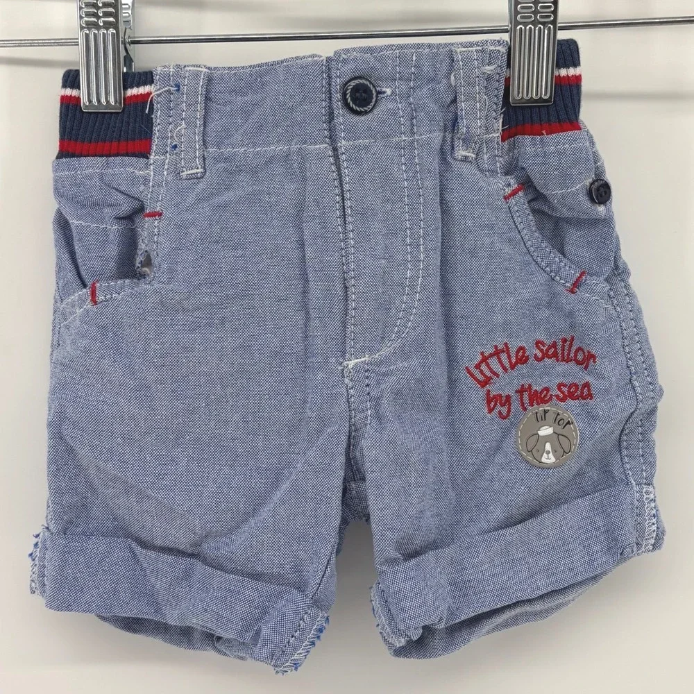 Tip Top Boys Little Sailor Blue Chambray Cuffed Shorts Red Navy Striped Waist G